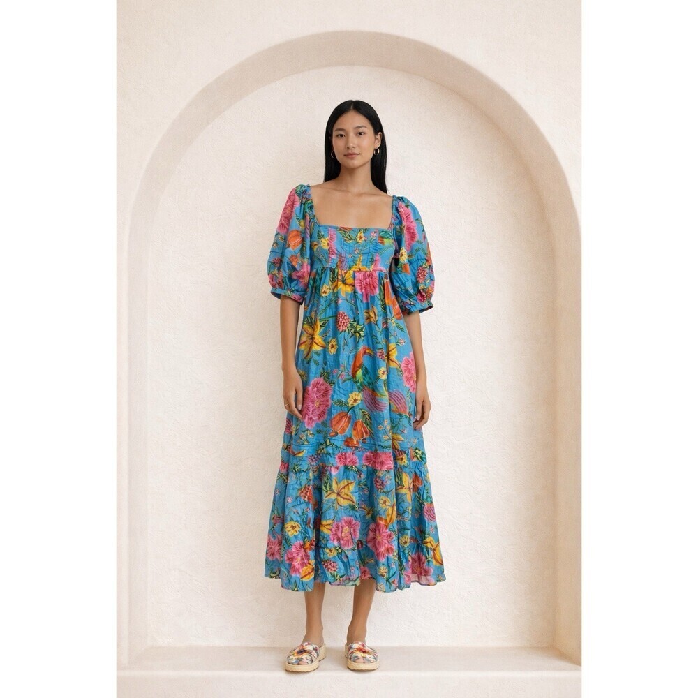 New FARM Rio Toucans Garden Midi Dress in Blue Women's Size XS Tie Back Beaded